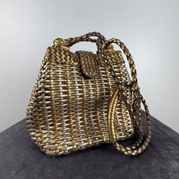Vintage CEM Woven Leather Metallic Bronze Gold Purse | 80's 90s Bucket Style Bag - Picture 2 of 15